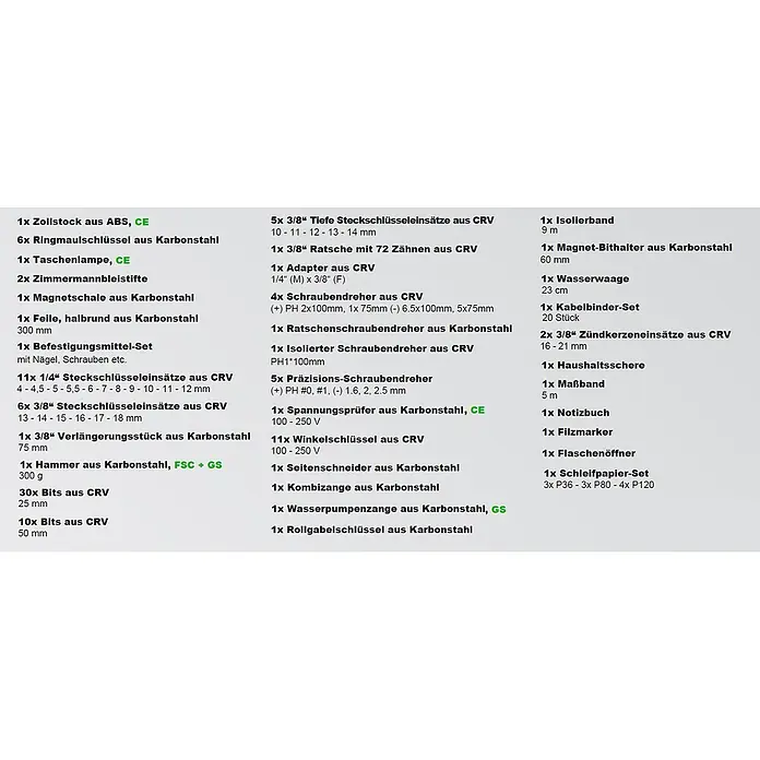 Karcher Werkzeugkoffer - L x B x H: 27 x 35,5 x 13,5 cm, 114 -tlg. - Detaillierte Liste verschiedener Werkzeuge und Zubehörteile für eine Werkzeugkiste.