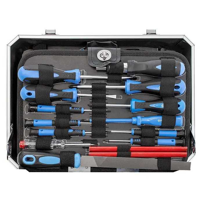 Karcher Werkzeugkoffer - L x B x H: 27 x 35,5 x 13,5 cm, 114 -tlg. - Schraubendreher-Set in offenem Aluminiumkoffer, mit blauen/schwarzen Schraubendrehern, Spannungsprüfer, roten Stäben und Feile, mit Gurten organisiert.