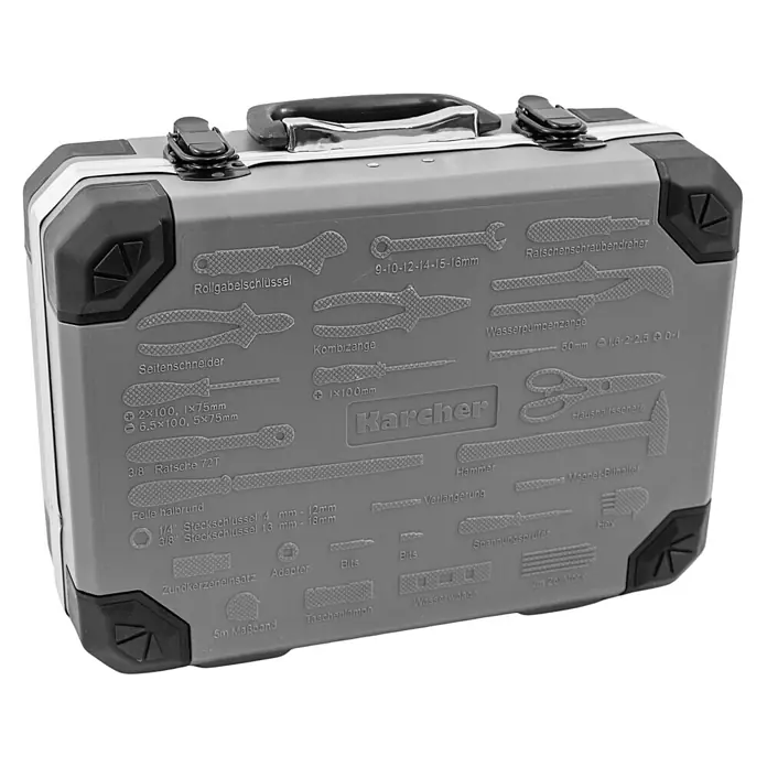 Karcher Werkzeugkoffer - L x B x H: 27 x 35,5 x 13,5 cm, 114 -tlg. - Grauer Werkzeugkoffer mit geprägten Werkzeugsilhouetten und Namen auf dem Deckel, schwarzen Schutzecken und Metallgriff.