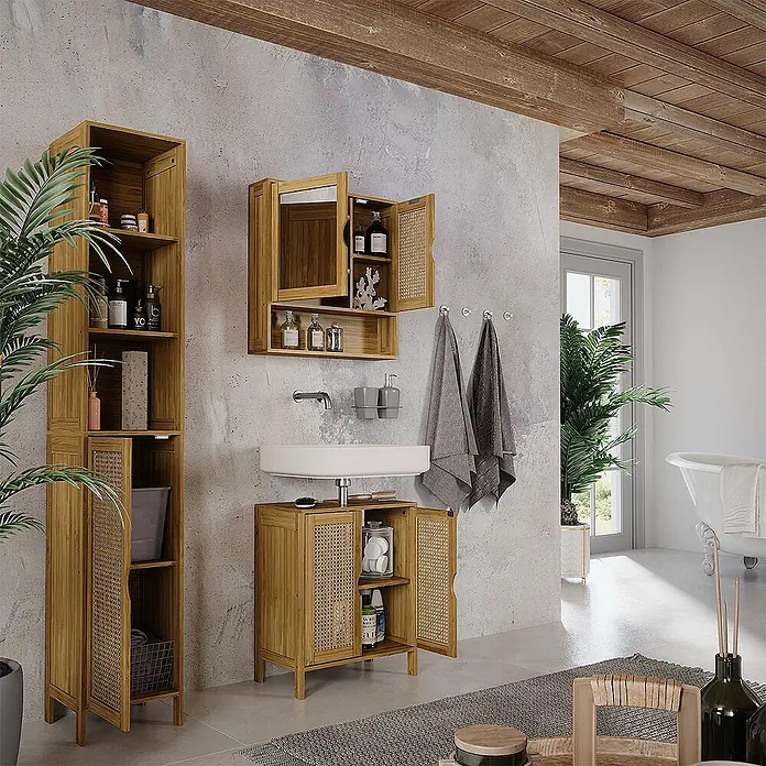 Vicco Badmöbel-Set Liora Bambus 3 Teile - Bambus, Matt - Badezimmermöbelset aus hellem Holz mit Rattan-Details: Hochschrank, Spiegelschrank und Waschbeckenunterschrank.