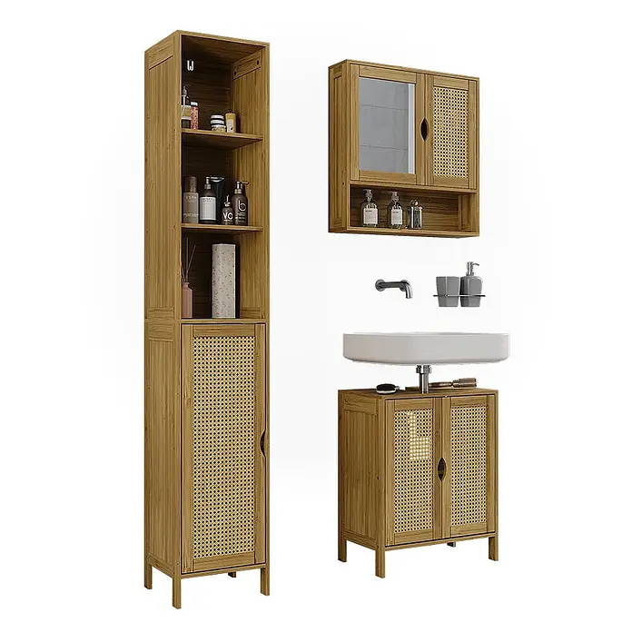 Vicco Badmöbel-Set Liora Bambus 3 Teile - Bambus, Matt - Badmöbelset aus natürlichem Bambus: ein hoher Schrank, ein Spiegelschrank und ein Waschtischunterschrank mit Rattan-Türen.