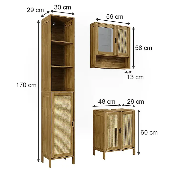Vicco Badmöbel-Set Liora Bambus 3 Teile - Bambus, Matt - Drei bambusfarbene Badmöbel mit Rattan-Fronten: ein Hochschrank, ein Wandschrank mit Spiegel und ein Unterschrank.