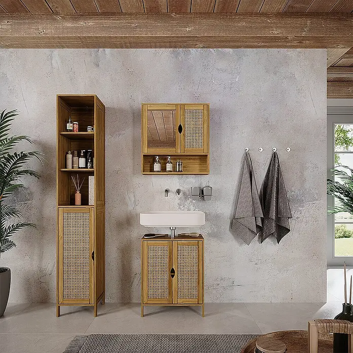 Vicco Badmöbel-Set Liora Bambus 3 Teile - Bambus, Matt - Badmöbelset aus hellem Holz mit Rattanfronten, bestehend aus Hochschrank, Wandschrank mit Spiegel und Waschtischunterschrank mit Waschbecken.