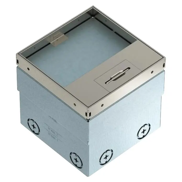 Steckdose Bodensteckdose 8802B OBO UDHOME2 GV15V 7368324 - 2 Schuko Steckdosen, Edelstahl, IP20 - Rechteckige silberne Metall-Bodensteckdose für den Bodeneinbau mit bündigem Deckel und Griff.