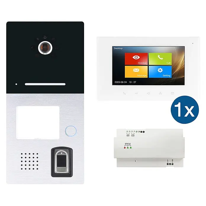 Türsprechanlage HHG Einfamilien-Set Villa AP Fingerprint - 1-Familienhaus - Komplettes Video-Gegensprechanlagensystem mit silber-schwarzer Außeneinheit, weißem Innenmonitor und weißer Steuerungseinheit.