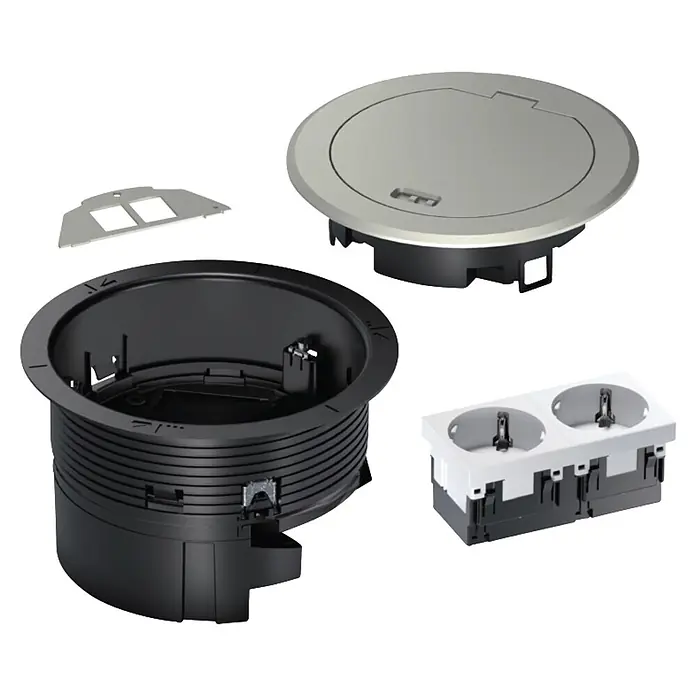 Hager Steckdose Bodensteckdose BSR02D03 - 2 Schuko Steckdosen, Edelstahl, IP20 - Zerlegte silber-graue Pop-up-Tischsteckdose mit schwarzem Gehäuse und weißem Doppelsteckdosenmodul.