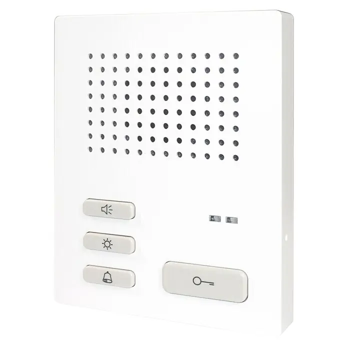Freisprechanlage HHG AIS Audio-Innenstelle - Weiß - Weiße Kunststoff-Sprechanlage für Innenräume mit Lautsprechergitter, zwei Anzeigen und vier Tasten für Lautstärke, Licht, Klingel und Türöffnung.