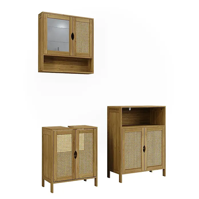 Vicco Badmöbel-Set Liora Bambus 3 Teile - Bambus, Matt - Set aus drei Badezimmerschränken aus natürlichem Bambus und Rattan: Wandschrank, Waschtischunterschrank und Bodenschrank.