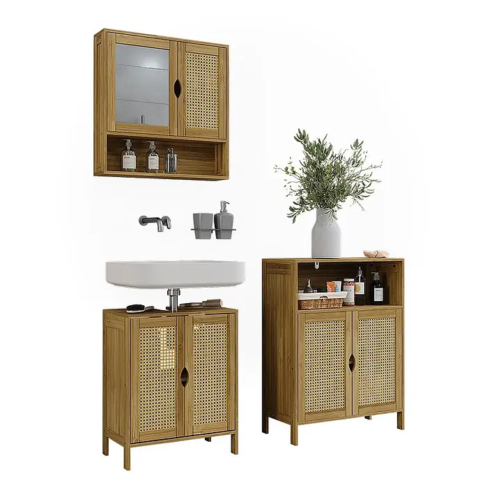Vicco Badmöbel-Set Liora Bambus 3 Teile - Bambus, Matt - Naturholz-Badezimmermöbel-Set mit Rattan-Akzenten, inklusive Wandschrank, Waschbeckenunterschrank und Aufbewahrungsschrank.