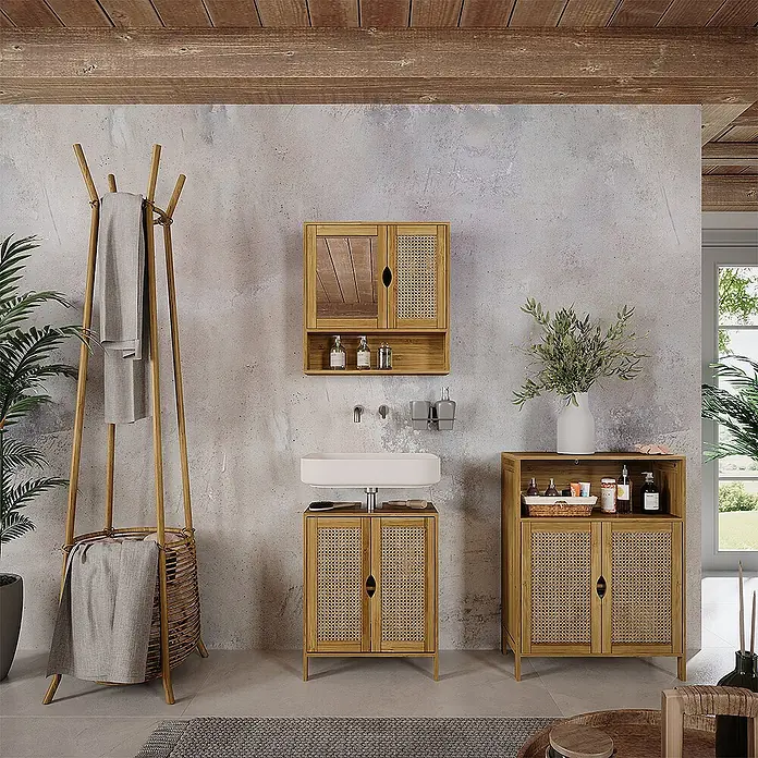 Vicco Badmöbel-Set Liora Bambus 3 Teile - Bambus, Matt - Kollektion aus Naturholz- und Rattan-Badmöbeln: Waschtisch, Wandschrank, Aufbewahrungseinheit und Bambus-Handtuchhalter.