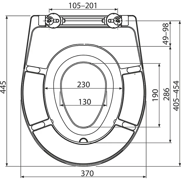 Alcadrain WC-Sitz Alcadrain A603 WC-Sitz universal mit Kindersitz, Duroplast - Weiß - Technische Zeichnung eines WC-Sitzes mit Deckel, detaillierte Maße anzeigend.