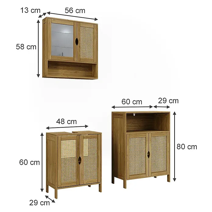 Vicco Badmöbel-Set Liora Bambus 3 Teile - Bambus, Matt - Drei helle Holzschränke mit Rattan-Akzenten und Maßen, darunter ein Wandschrank und zwei Bodenschränke.