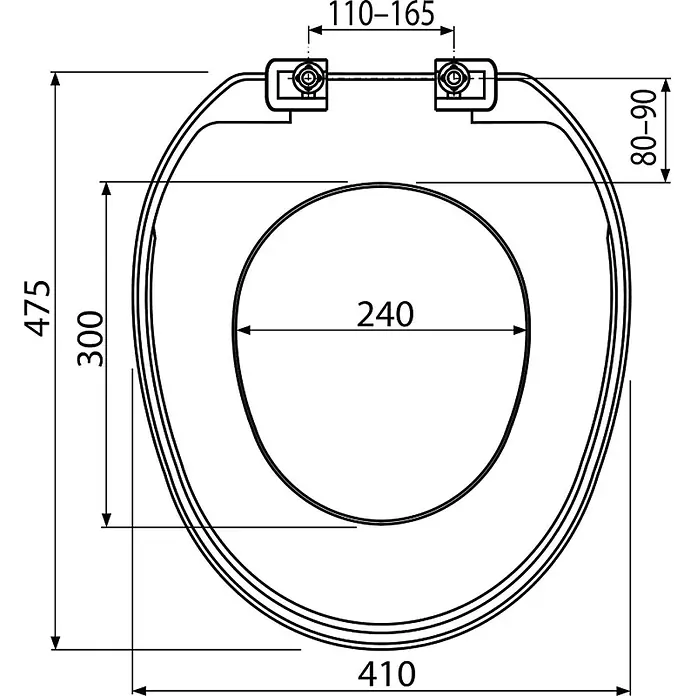 Alcadrain WC-Sitz Alcadrain A3553 WC-Sitz Basic Antibacterial - Weiß - Technische Zeichnung eines Toilettensitzes, Draufsicht, mit Maßen für Länge, Breite und Scharnierabstand.