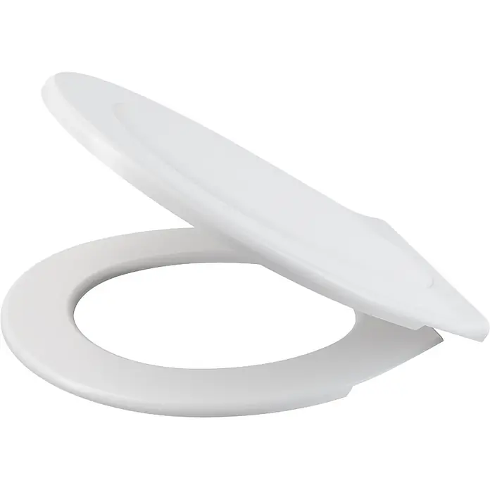Alcadrain WC-Sitz Alcadrain A3553 WC-Sitz Basic Antibacterial - Weiß - Weißer Toilettensitz mit halb geöffnetem Deckel.