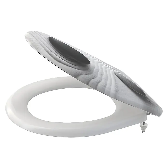 Alcadrain WC-Sitz Alcadrain A604 ZEN WC-Sitz universal SOFTCLOSE, Duroplast - Weiß - Weiße Toilettenbrille mit grauem Holzmaserungsdeckel, teilweise geöffnet.