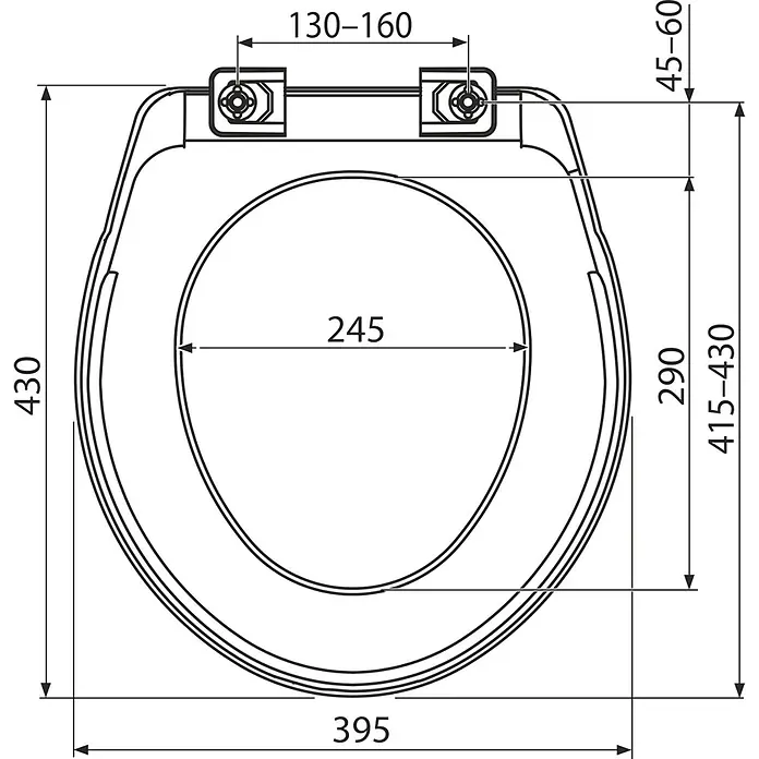 Alcadrain WC-Sitz Alcadrain A6551 WC-Sitz Basic Antibacterial - Weiß - Technische Zeichnung eines Toilettensitzes mit Hauptabmessungen, einschließlich Länge, Breite, Innenöffnung und verstellbarem Scharnierabstand.