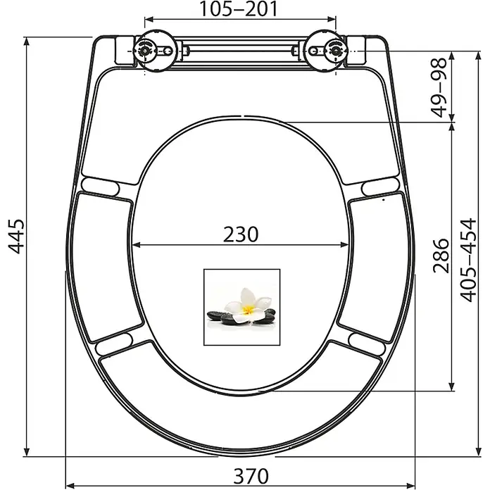 Alcadrain WC-Sitz Alcadrain A604 FLOWER WC-Sitz universal SOFTCLOSE, Duroplast - Weiß - Technische Zeichnung eines weißen Toilettensitzes mit Maßen für universelle Passform.