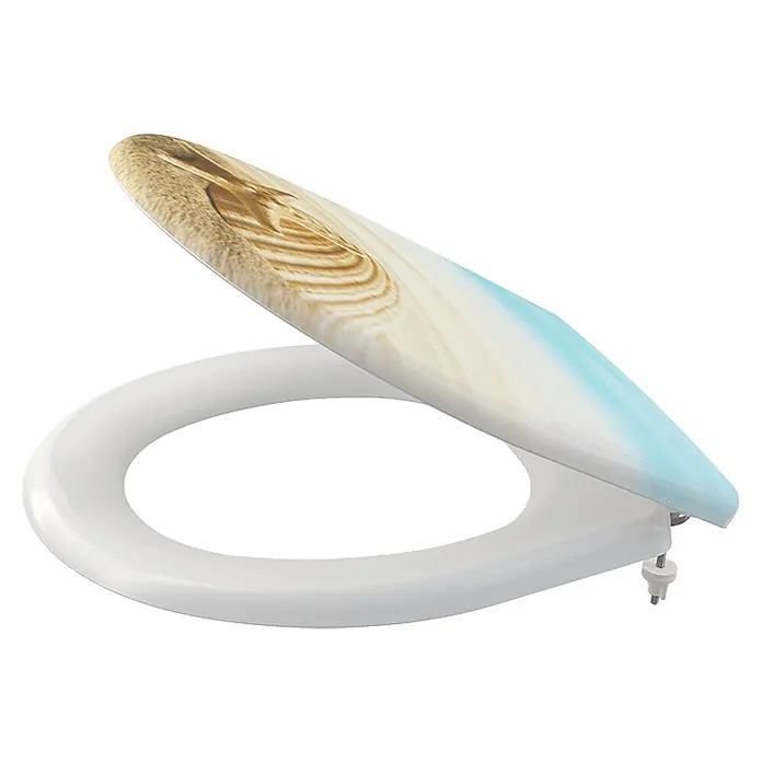 Alcadrain WC-Sitz Alcadrain A604 SHELL WC-Sitz universal SOFTCLOSE, Duroplast - Weiß - Weißer Toilettensitz mit aufgeklapptem Deckel, bedruckt mit einem Strandmotiv von Sand zu hellem Blau.