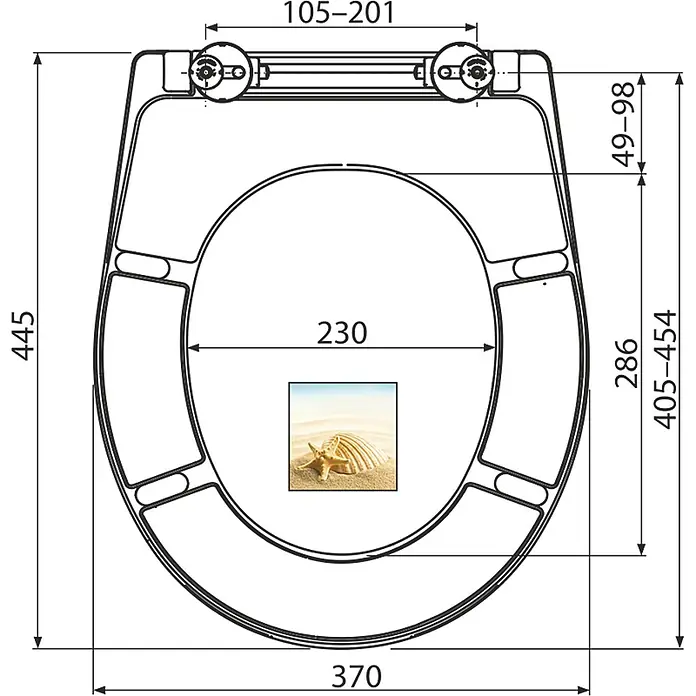 Alcadrain WC-Sitz Alcadrain A604 SHELL WC-Sitz universal SOFTCLOSE, Duroplast - Weiß - Technische Zeichnung eines Toilettensitzes mit Maßen: Länge 445mm, Breite 370mm, Innenöffnung 230mm, Scharnierabstand 105-201mm.