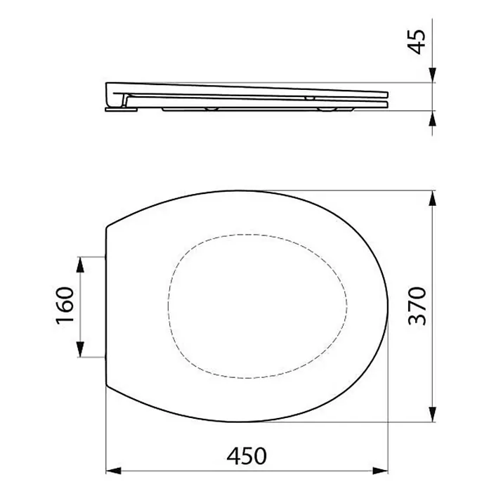 Delabie WC-Sitz - Schwarz - Weißer ovaler Toilettensitz, technische Zeichnung mit Maßen: 450x370mm (LxB), 45mm Höhe und 160mm Befestigungsabstand.