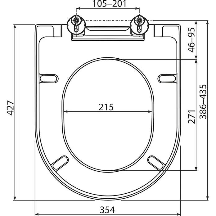 Alcadrain WC-Sitz Alcadrain A674S WC-Sitz SOFTCLOSE, Duroplast - Weiß - Maßzeichnung eines Toilettensitzes mit Längen-, Breiten- und Scharniermassen zur Montage.