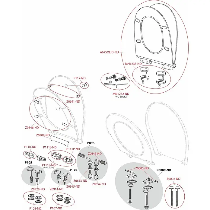 Alcadrain WC-Sitz Alcadrain A674S WC-Sitz SOFTCLOSE, Duroplast - Weiß - Explosionszeichnung eines Toilettensitzes mit verschiedenen Komponenten wie Scharnieren, Soft-Close-Mechanismen und Befestigungsmaterial.