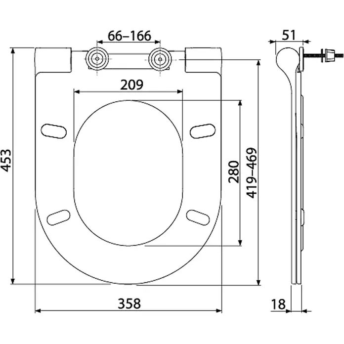 Alcadrain WC-Sitz Alcadrain A67SLIM WC-Sitz SLIM SOFTCLOSE, Duroplast - Weiß - Technische Zeichnung eines Toilettensitzes mit detaillierten Maßen für Aufsicht und Seitenansicht.