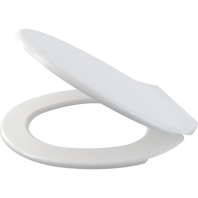 Alcadrain WC-Sitz Alcadrain A6550 WC-Sitz Basic Antibacterial - Weiß - Weißer, glänzender Toilettensitz mit hochgeklapptem Deckel, der Sitz und Deckel zeigt.