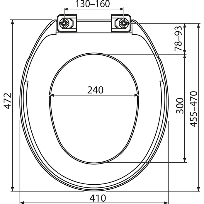Alcadrain WC-Sitz Alcadrain A6550 WC-Sitz Basic Antibacterial - Weiß - Technische Zeichnung eines Toilettensitzes mit Maßen: Länge 455-470mm, Breite 410mm, Scharnierabstand 130-160mm.