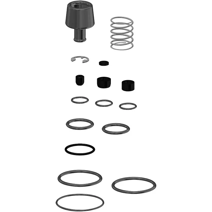 KWC Waschbecken KWC -  - Explodierte Ansicht einer dunkelgrauen mechanischen Baugruppe, bestehend aus einem ventilartigen Bauteil, Feder, Sicherungsclip, zylindrischen Abstandshaltern, flachen Ringen und O-Ringen.