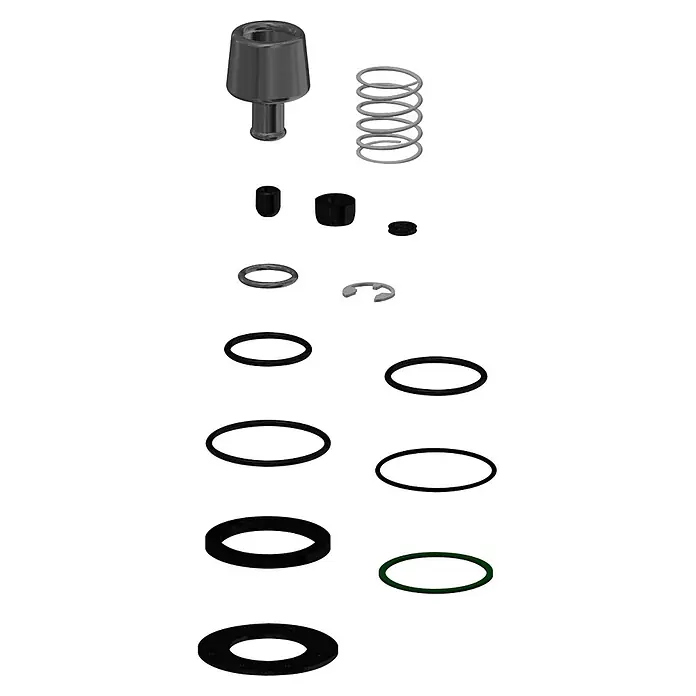 KWC Waschbecken KWC -  - Zerlegte metallische und schwarze Gummi-/Kunststoff-Mechanikkomponenten, darunter Ventilkopf, Feder, O-Ringe und Halterungen.