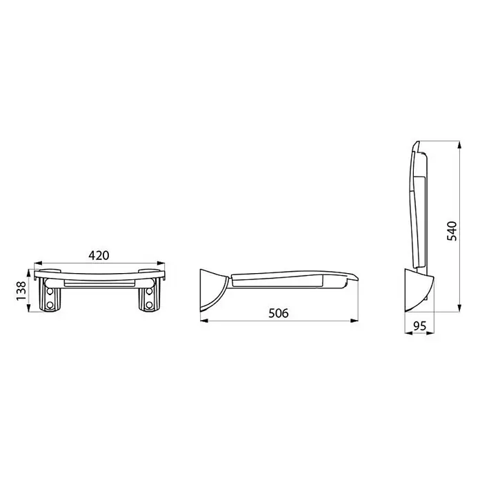 Delabie WC-Sitz Delabie Duschsitz Komfort hochklappbar Edst. pulverbesch. weiß -  - Technische Zeichnung eines klappbaren, wandmontierten Duschsitzes mit Maßen.