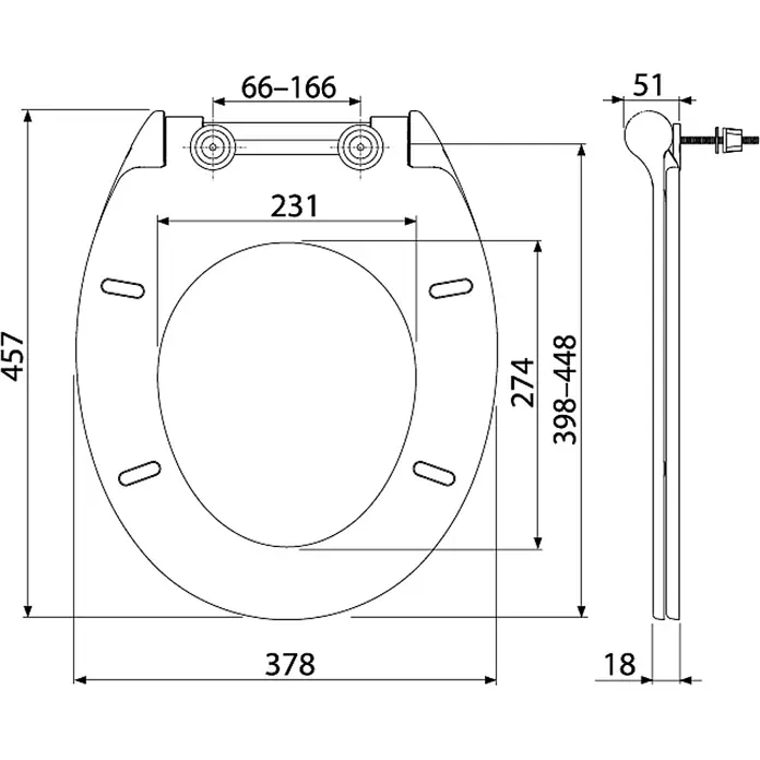 Alcadrain WC-Sitz Alcadrain A64SLIM WC-Sitz SLIM SOFTCLOSE, Duroplast - Weiß - Technische Zeichnung eines Toilettensitzes, Draufsicht und Seitenansicht mit detaillierten Maßen und verstellbaren Scharnieren.