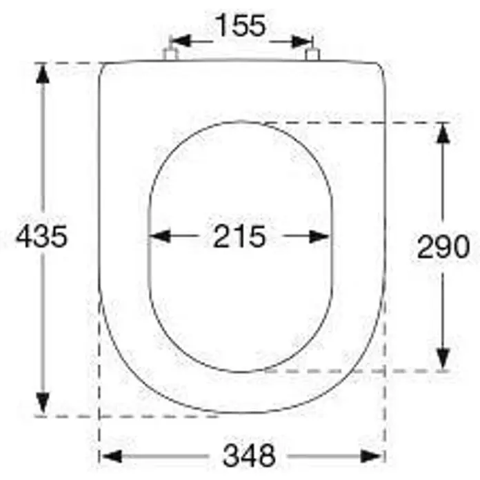 Pressalit WC-Sitz -  - Technische Zeichnung eines D-förmigen Toilettensitzes mit Maßen für Länge, Breite und Scharnierabstand.
