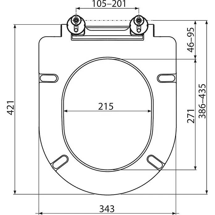 Alcadrain WC-Sitz Alcadrain A678S WC-Sitz Duroplast für WC Alca Medic - Weiß - Technische Zeichnung eines D-förmigen WC-Sitzes mit detaillierten Maßen.