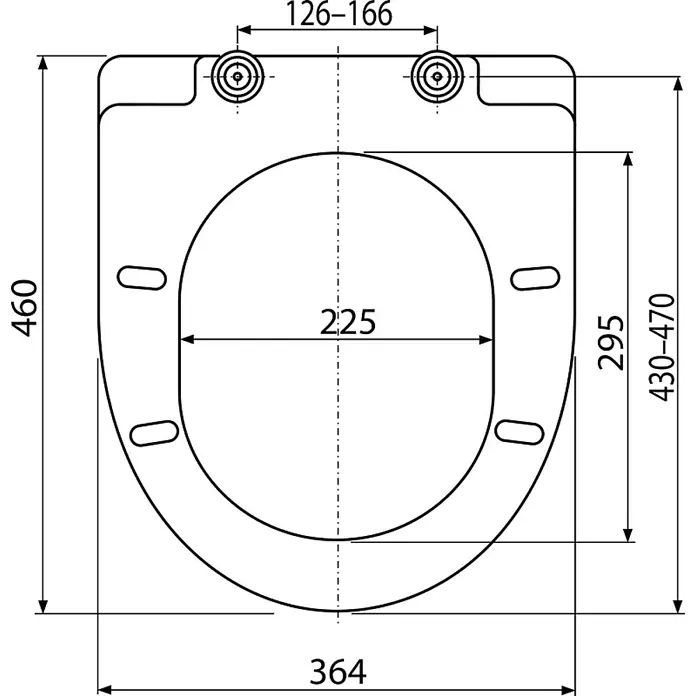 Alcadrain WC-Sitz Alcadrain A66 WC-Sitz SOFTCLOSE, Duroplast - Weiß - Technische Zeichnung eines Toilettensitzes mit Außenmaßen, Sitzöffnungsgröße und einstellbarem Scharnierabstand.