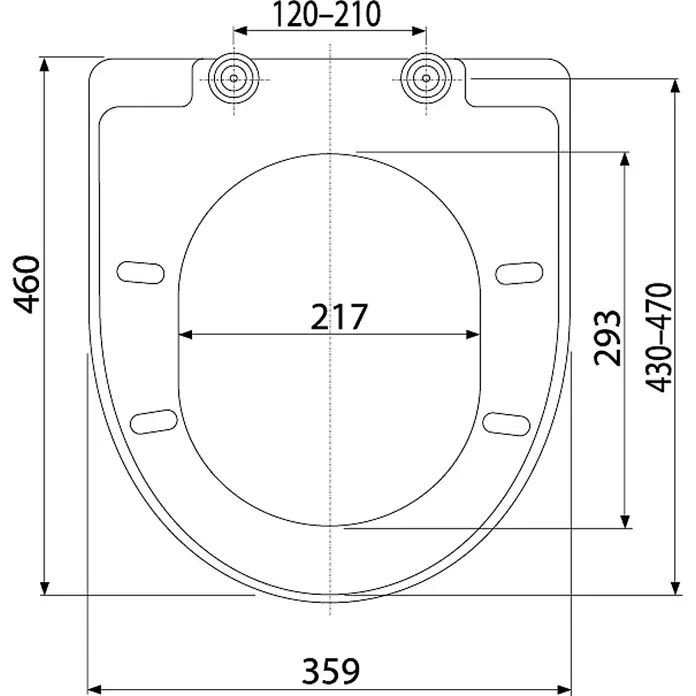 Alcadrain WC-Sitz Alcadrain A67 WC-Sitz SOFTCLOSE, Duroplast - Weiß - Technisches Maßbild eines Toilettensitzes mit einstellbaren Befestigungsmaßen für präzise Passform.