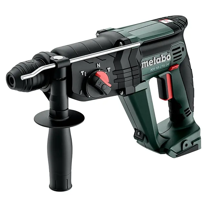 Metabo CAS 18V Akku-Kombihammer KH 18 LTX 24 - 18 V, Ohne Akku, 2,1 J - Metabo Bohrhammer in Dunkelgrün und Schwarz mit roten Akzenten, inklusive Seitenhandgriff und Tiefenanschlag.