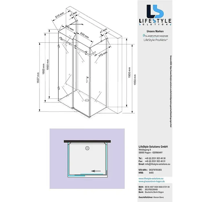 Glaszentrum Hagen U-Duschkabine 90x120x90x195 cm Hebe Duschkabine inkl. Tasse - Imprägniert, Farblos - Technische Zeichnung einer Eckeinstiegs-Duschkabine aus Glas mit Maßen.