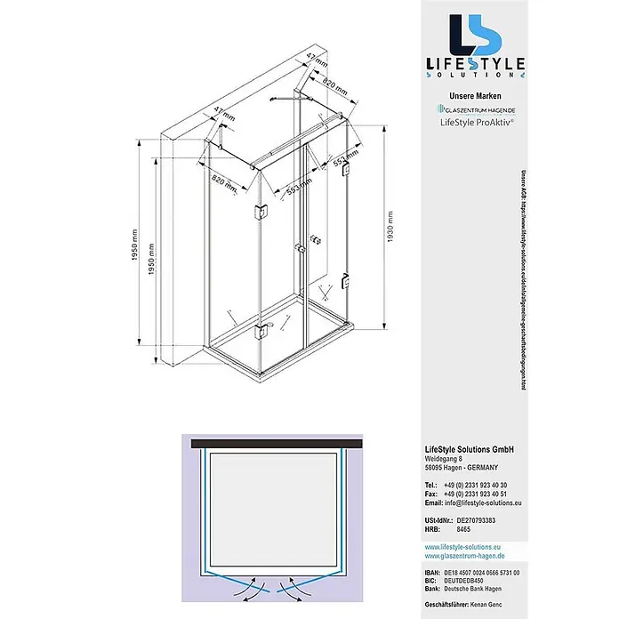 Glaszentrum Hagen U-Duschkabine 90x120x90x195 cm Ares U-Duschkabine - Imprägniert, Farblos - Technische Zeichnung einer Glasduschkabine mit Metallrahmen und detaillierten Maßangaben zur Installation.