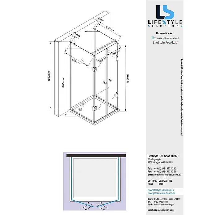 Glaszentrum Hagen U-Duschkabine 90x90x90x180 cm Ares U-Duschkabine - Imprägniert, Farblos - Technische Zeichnung einer Duschkabine aus Glas mit Flügeltüren, zeigt Maße und Details zur Installation.