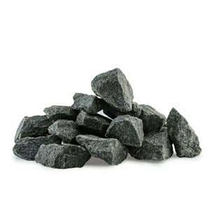 FinnTherm Saunasteine Saunasteine Harvia, Körnung bis 10cm, 20kg Box -  - Haufen dunkelgrauer, eckiger Schottersteine.