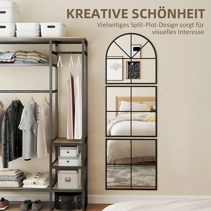 Homcom Wandspiegel 3-tlg. - 2 x 180 cm, Schwarz - Moderne Schlafzimmerszene mit offenem Kleiderschrank und großem schwarz gerahmtem Bogenspiegel, der das Bett reflektiert.