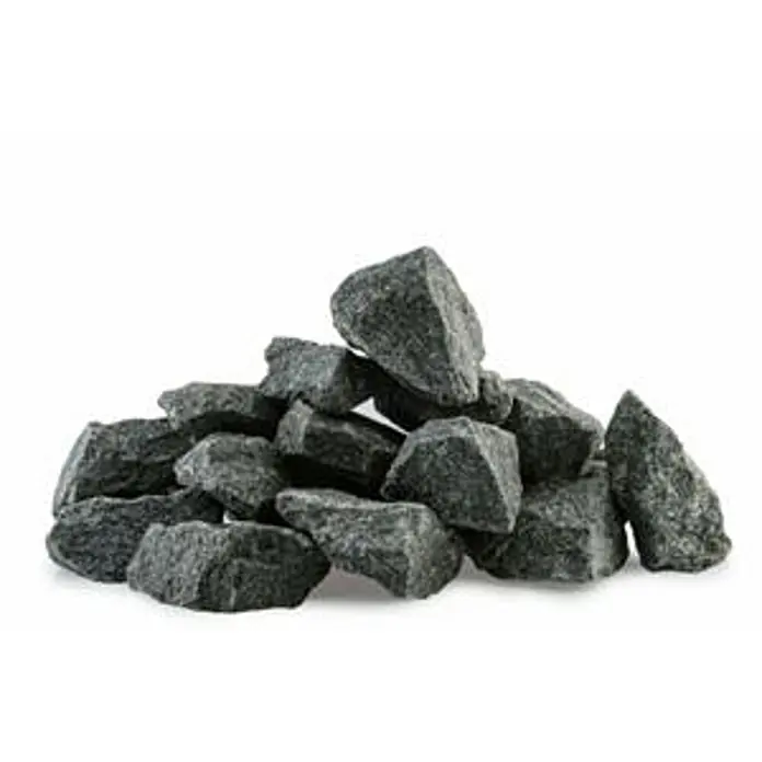 FinnTherm Saunasteine Saunasteine Harvia, Körnung bis 10cm, 20kg Box -  - Haufen dunkelgrauer, unregelmäßig geformter Saunasteine.