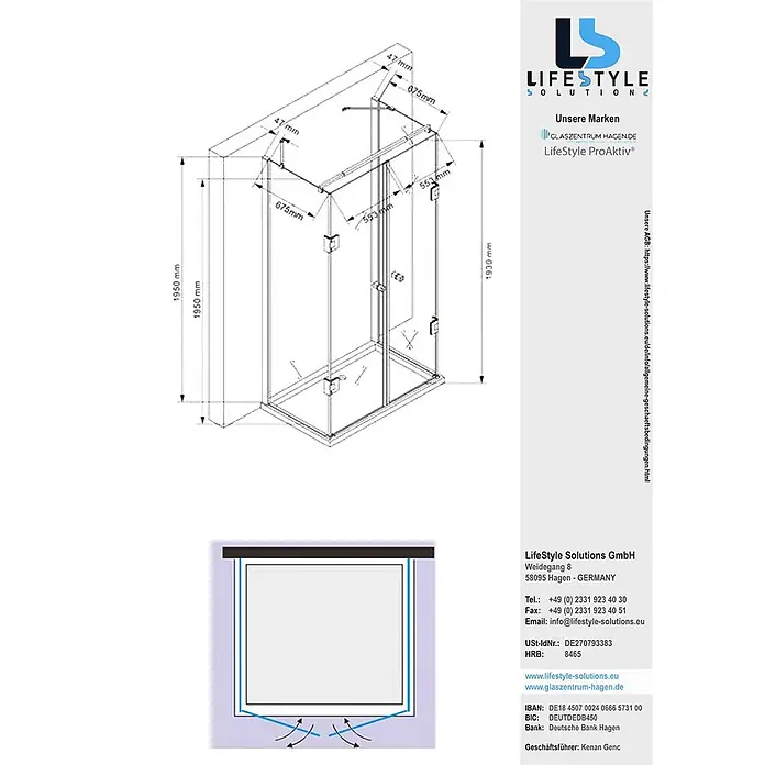 Glaszentrum Hagen U-Duschkabine 75x120x75x195 cm Ares U-Duschkabine GOLD - Imprägniert, Farblos - Technische Zeichnung einer Duschkabine aus Klarglas mit verchromten Metallrahmen, detaillierte Abmessungen für Eckmontage.