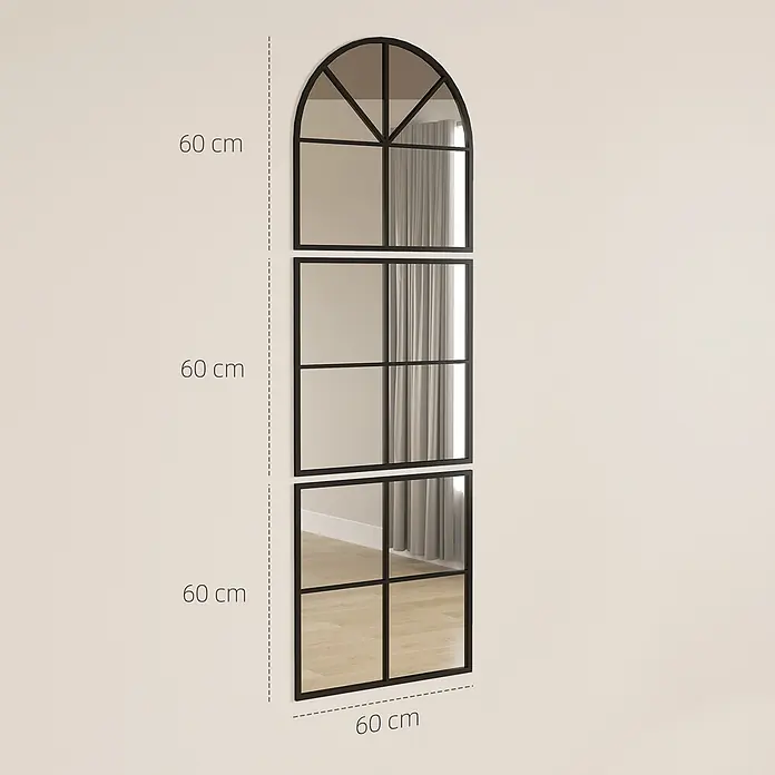 Homcom Wandspiegel 3-tlg. - 2 x 180 cm, Schwarz - Hohes, schwarzgerahmtes Spiegelset im Fensterstil, mit einem Bogen- und zwei Rechteckteilen. Gesamt ca. 180x60 cm.