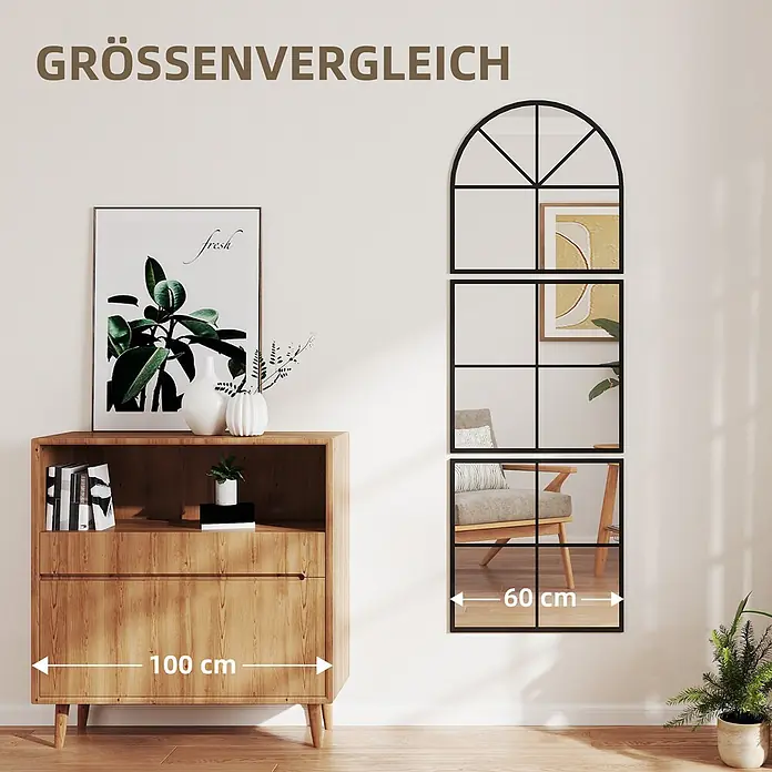 Homcom Wandspiegel 3-tlg. - 2 x 180 cm, Schwarz - Helles Holzschrank (100 cm) und schwarzgerahmte Fensterspiegel (60 cm) zum Größenvergleich abgebildet.