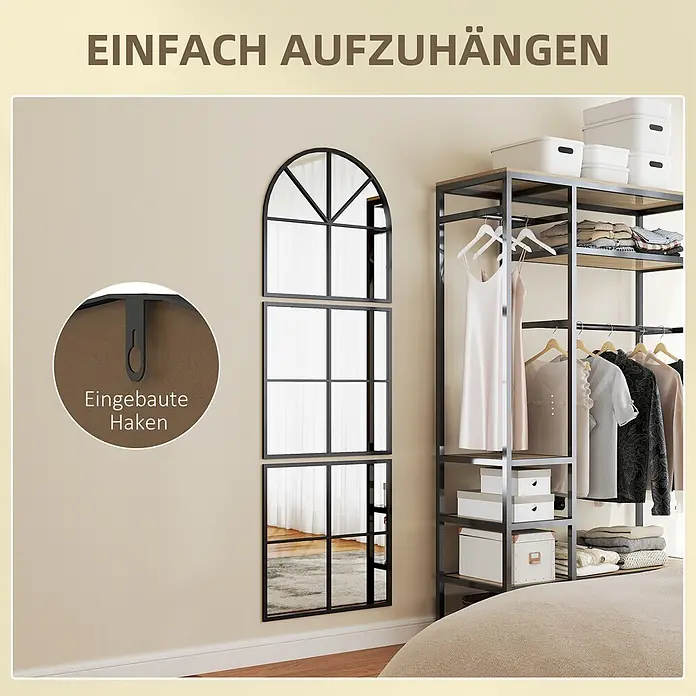 Homcom Wandspiegel 3-tlg. - 2 x 180 cm, Schwarz - Schwarz gerahmtes, bogenförmiges und rechteckiges Spiegelset mit integrierten Haken zum einfachen Aufhängen im Schlafzimmer.