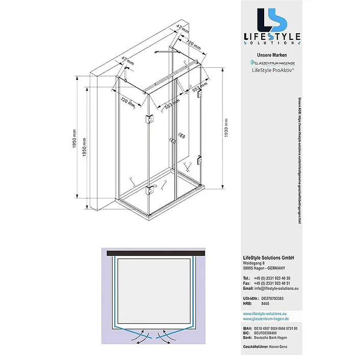 Glaszentrum Hagen U-Duschkabine 80x120x80x195 cm Ares U-Duschkabine - Imprägniert, Farblos - Technische Zeichnung einer transparenten Glasdusche mit Chrombeschlägen, die detaillierte Abmessungen zeigt.
