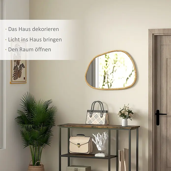 Homcom Wandspiegel - 2 x 50 cm, Naturholz - Ein rustikaler brauner Konsolentisch mit schwarzem Metallgestell, in einem Flur mit Spiegel und Dekoartikeln arrangiert.